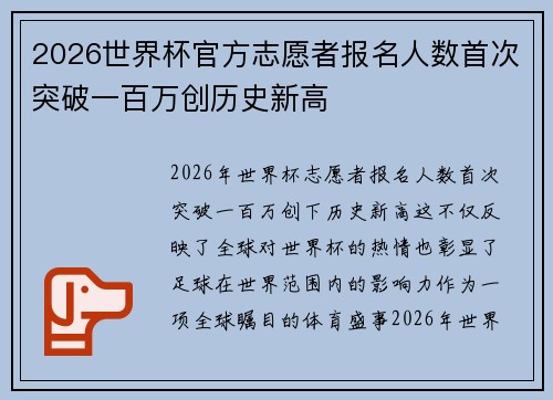 2026世界杯官方志愿者报名人数首次突破一百万创历史新高 2026世界杯官方志愿者报名人数首次突破一百万创历史新高